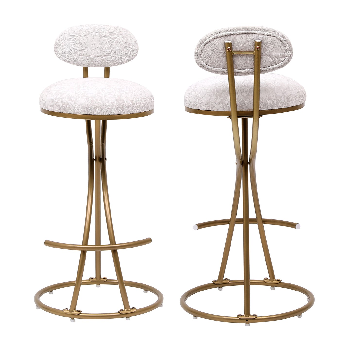 Modern S Shaped Bar Stools (Set of 2) With Backrest Floral Print Upholstered Dining Chairs Counter Height For Kitchen Island - Gold & White Print