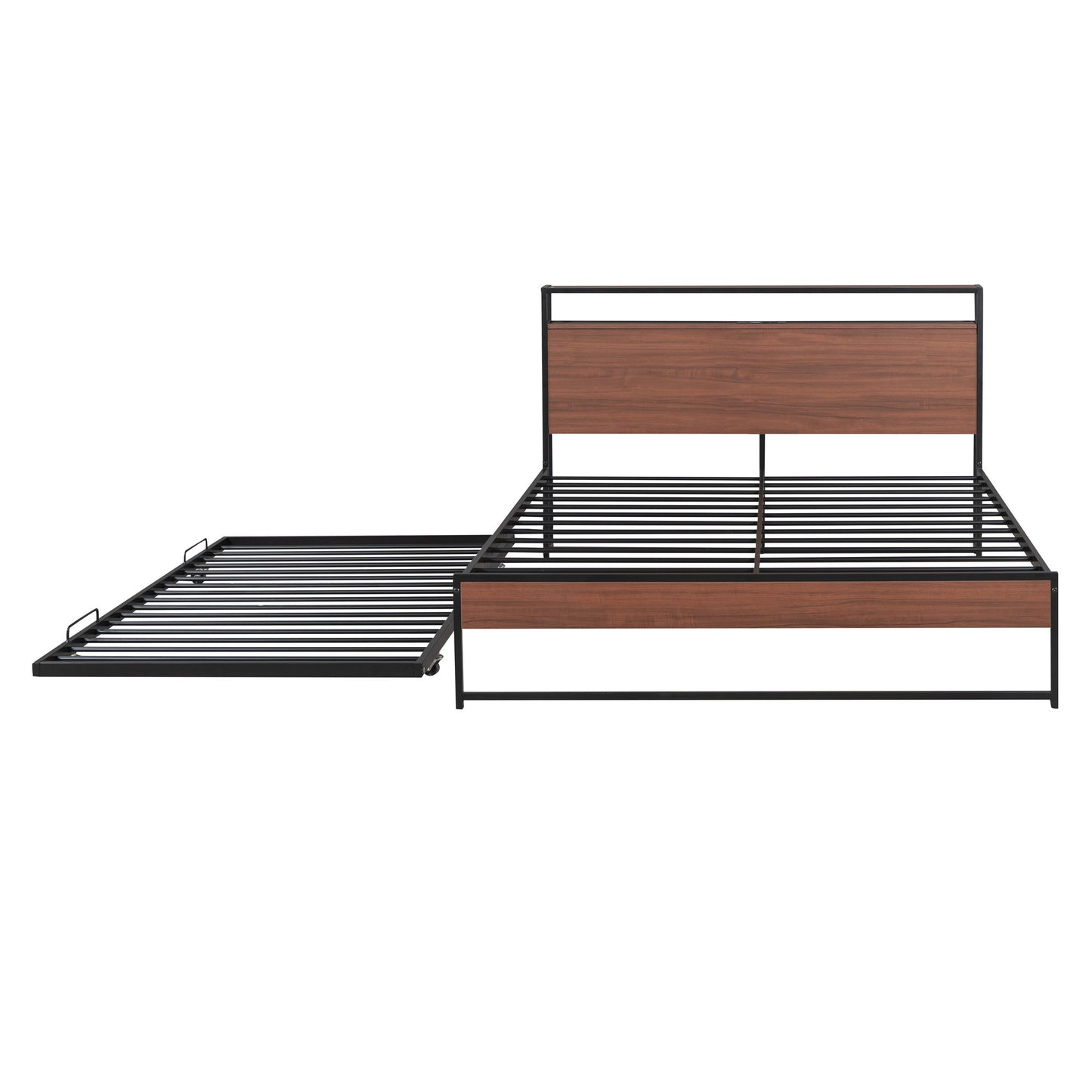 Queen Size Platform Bed Frame With Trundle, USB Ports And Slat Support, No Box Spring Needed - Black