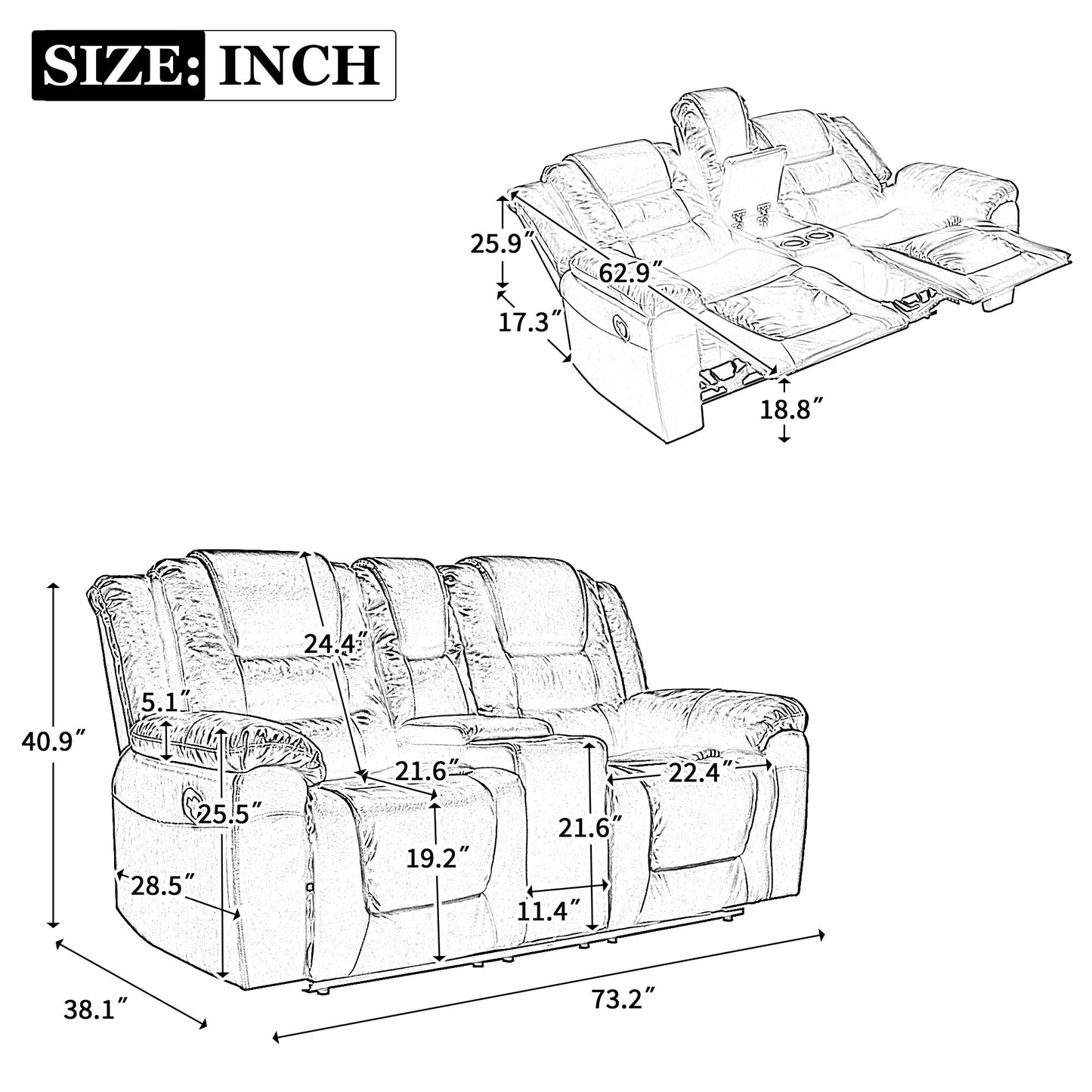 2 Seater Home Theater Recliner Manual Recliner Chair With A Storage Box And Two Cup Holders For Living Room - Black