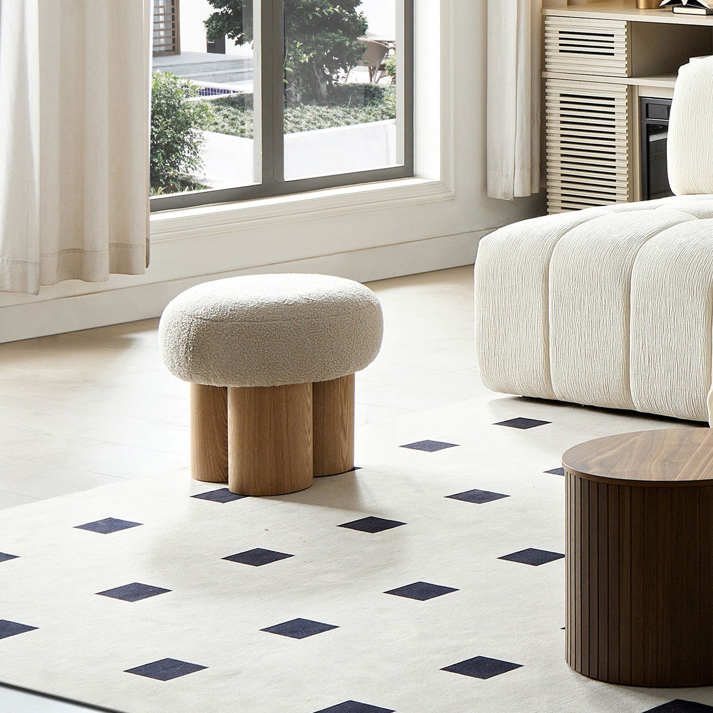 Mushroom Stool With Plush Cushion, Wooden Barrel Pipe - Greige / Walnut