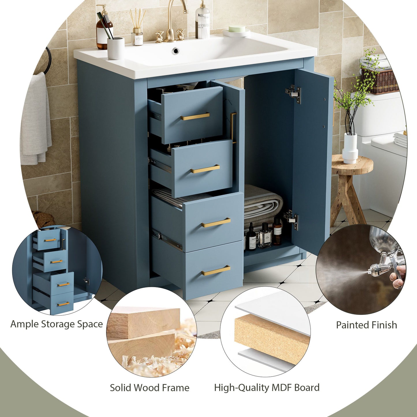 Bathroom Vanity With Ceramic Sink Combo, Frame Bathroom Storage Cabinet, Freestanding Vanity Set With 3 Drawers & Soft Closing Doors - Indigo