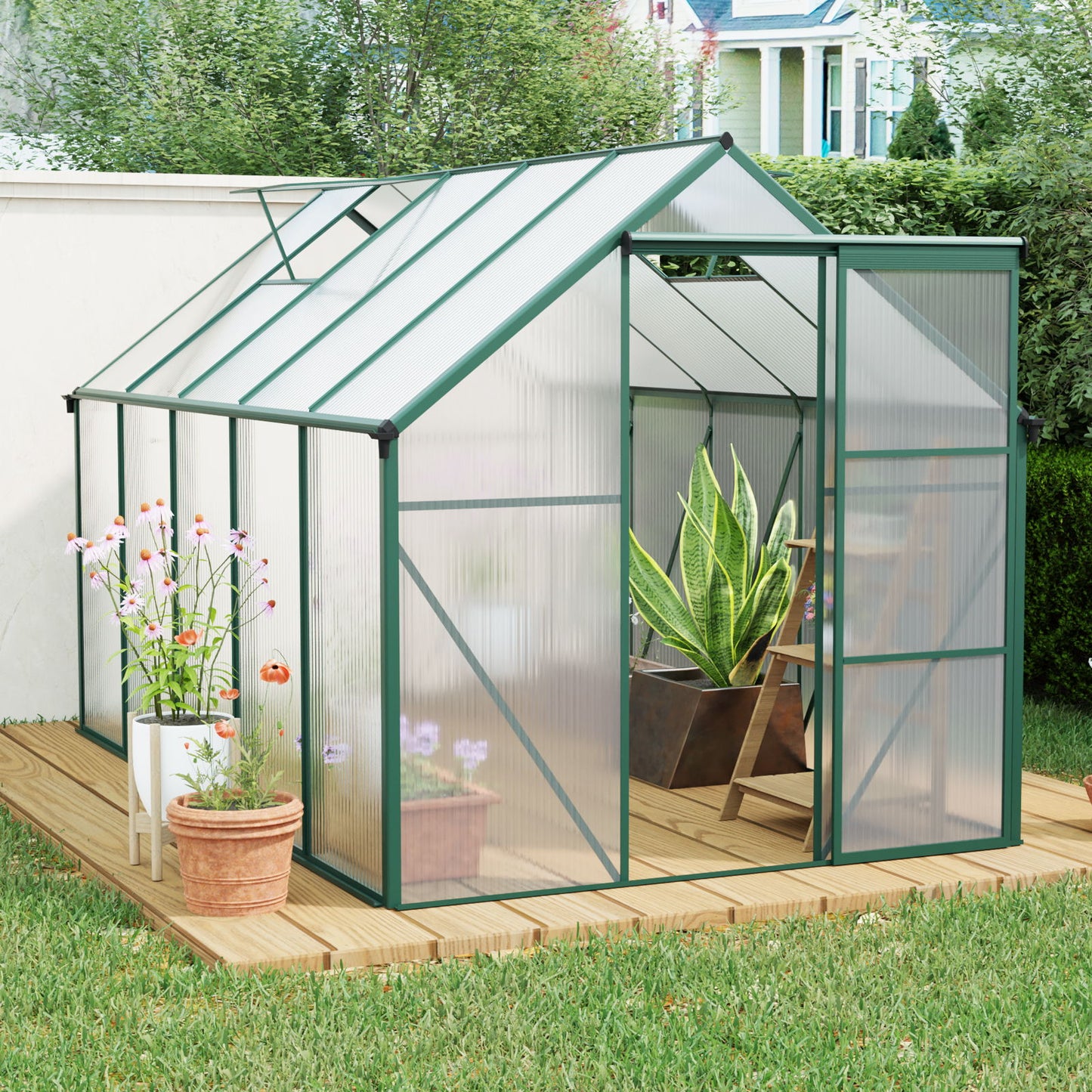 6X10Ft Polycarbonate Greenhouse Raised Base And Anchor Aluminum Heavy Duty Walk-In Greenhouses For Outdoor Backyard In All Season - Green