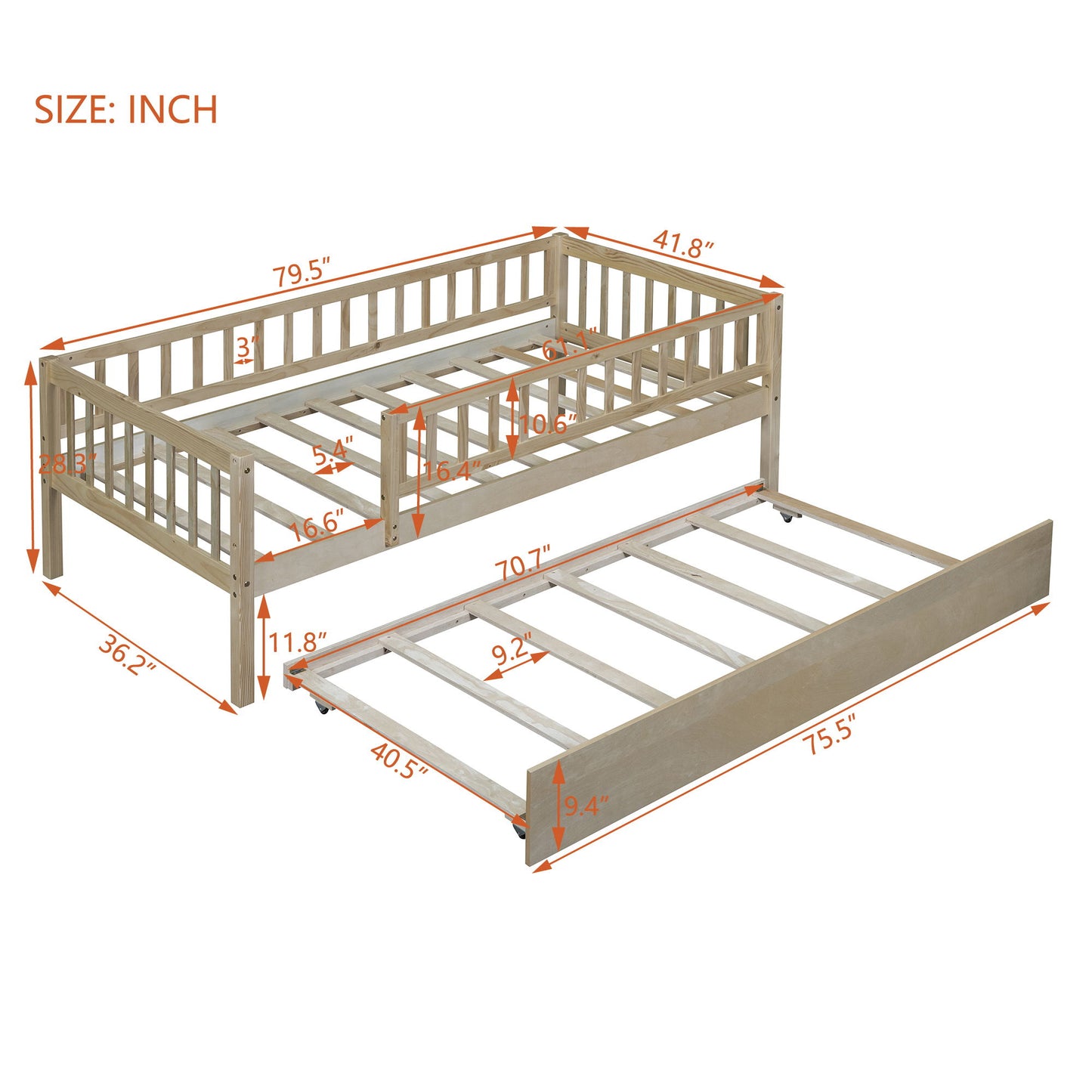 Twin Size Daybed With Trundle And Fence Guardrails - Natural
