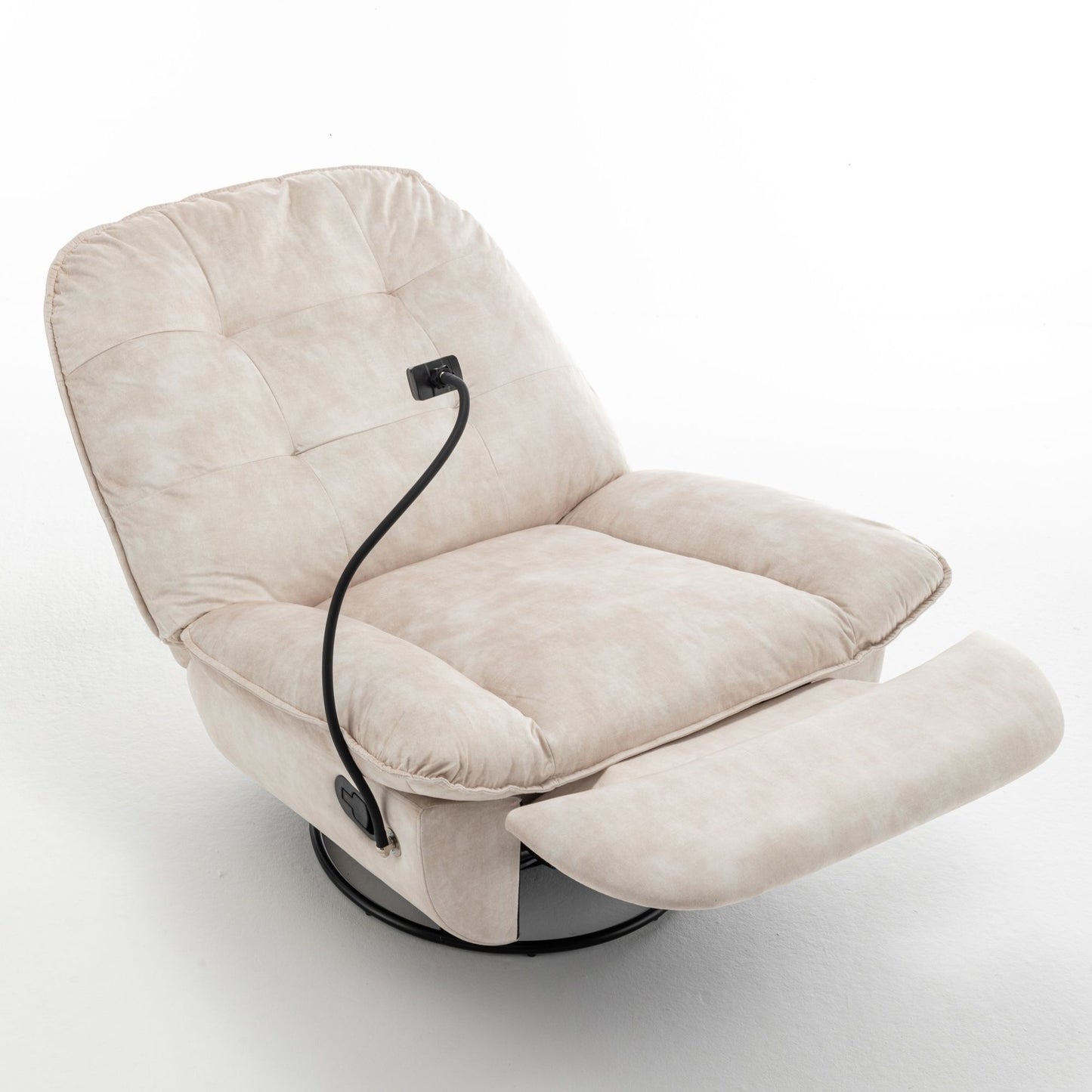 Modern Swivel Gliding Recliner Chair With Rocking Function And Phone Holder - Large Comfortable Reading Chair In Gold Stamped Velvet - Ivory