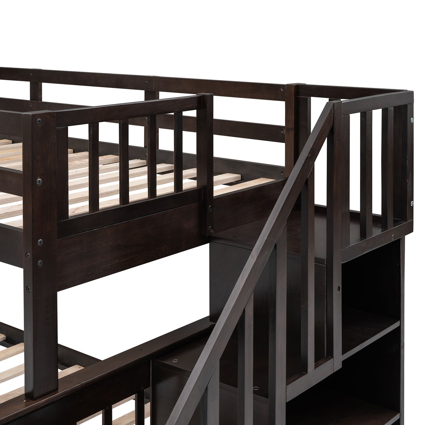 Twin Over Full Stairway Bunk Bed With Drawer, Storage And Guard Rail For Bedroom - Espresso