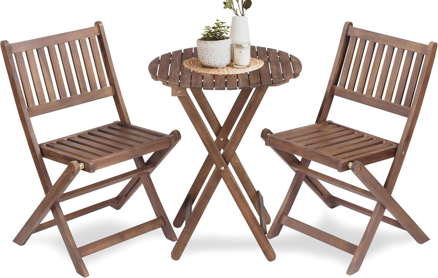 3 Piece Acacia Bistro Set, Folding Patio Furniture For Garden Backyard Balcony Porch With 1 Coffee Table And 2 Foldable Chairs - Natural Stained