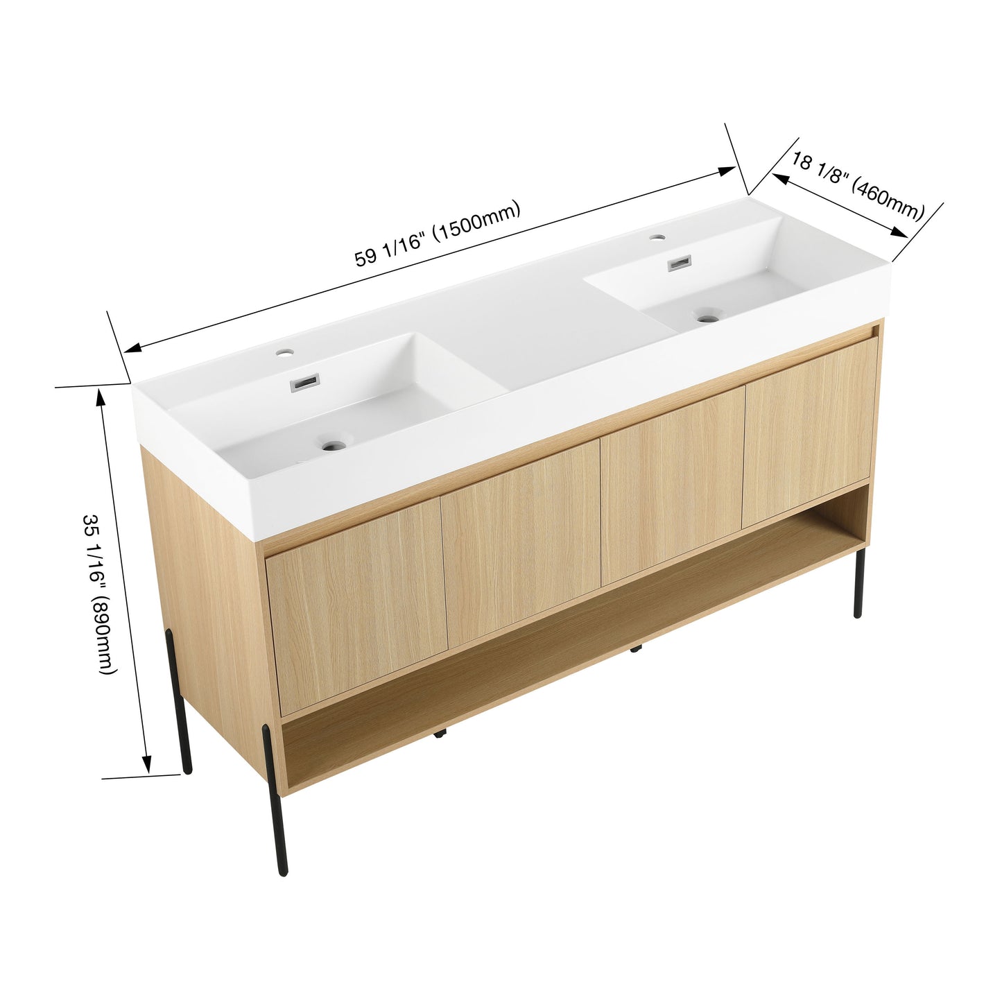 Modern 60" Bathroom Vanity Combo With Single Resin Sink And Storage Cabinet - Oak