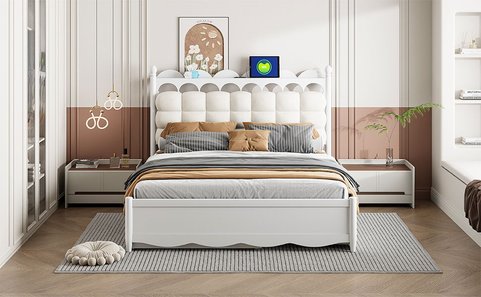 Queen Size Storage Platform Bed, With 2 Big Drawers, Twin Long Size Trundle, One Set Of Sockets & USB Ports - White