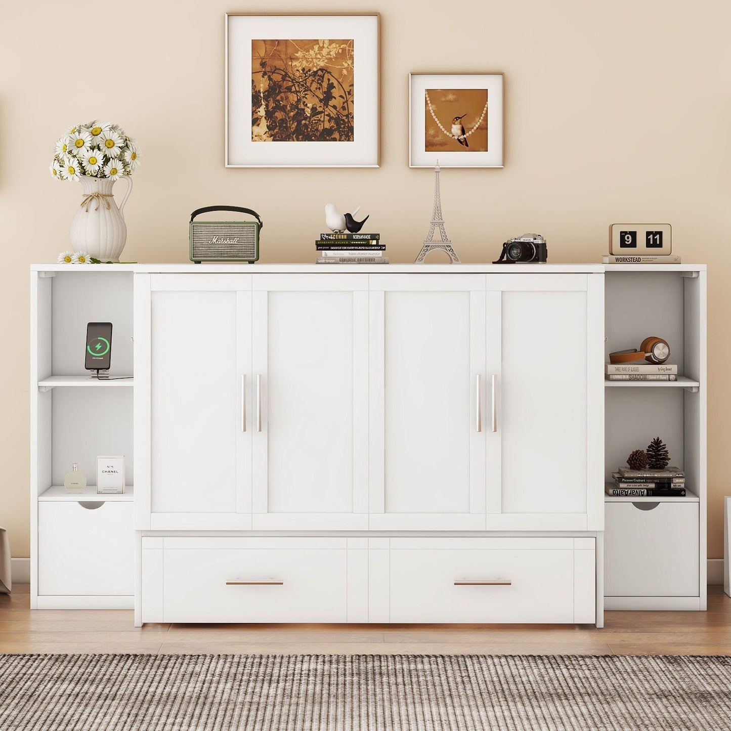 Full Size Murphy Bed With Shelves, Drawers And USB Ports - White