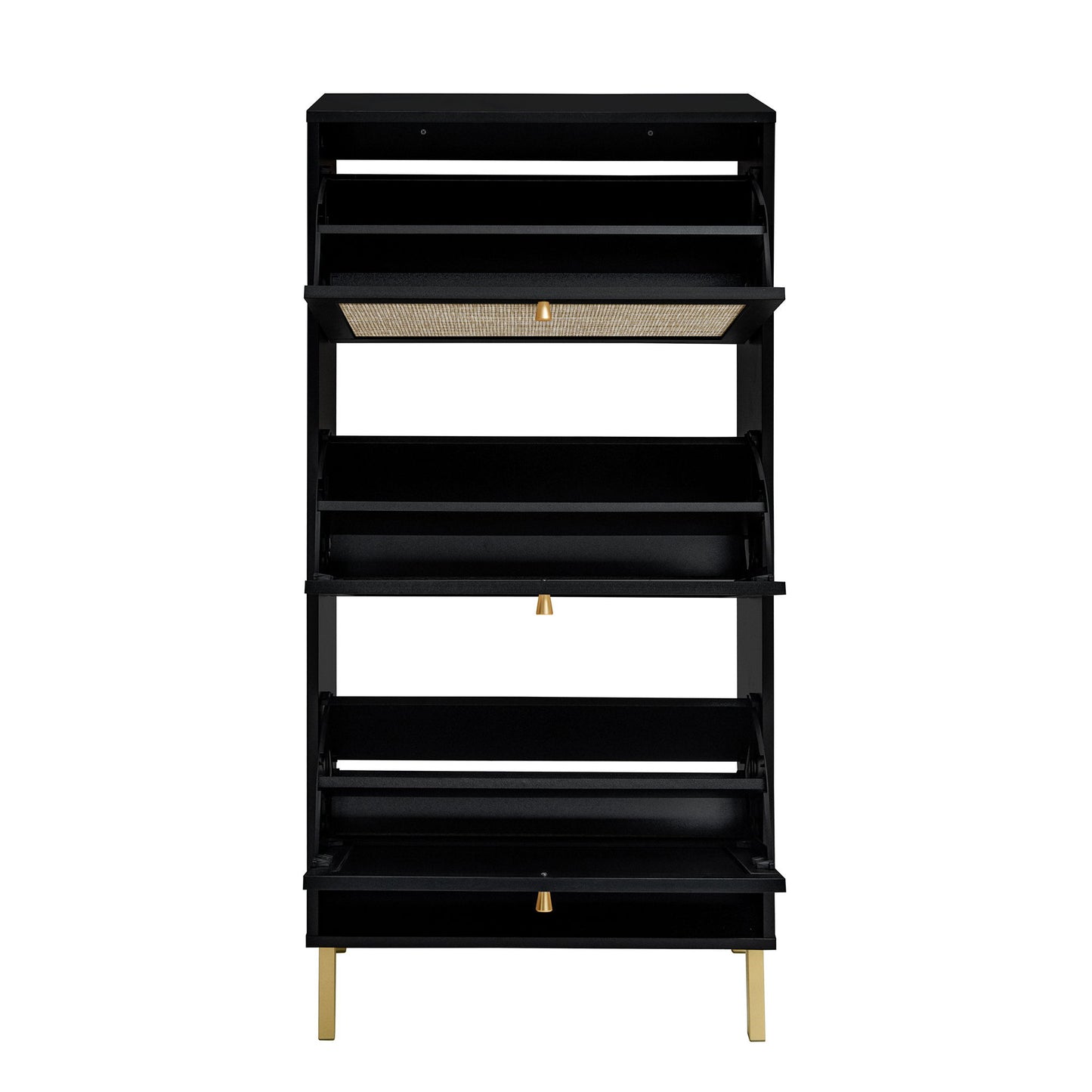 Modern Rattan 3 Door Shoe Rack Cabinet For Entryway Freestanding Black Storage Unit In Particle Board - Black