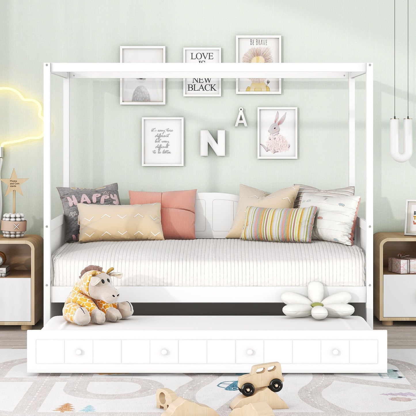 Twin Size Canopy Day Bed With Twin Size Trundle - White