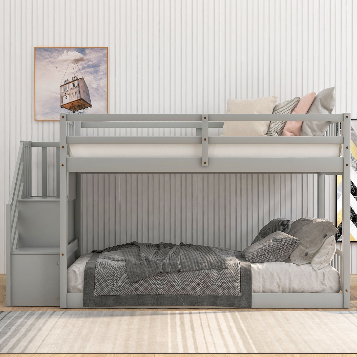 Twin Over Twin Floor Bunk Bed, Ladder With Storage - Gray