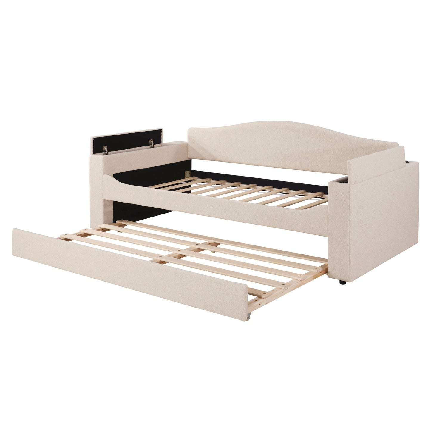 Twin Size Upholstered Daybed With Storage Armrests, Trundle And Latest Integrated Bluetooth Audio System - Beige