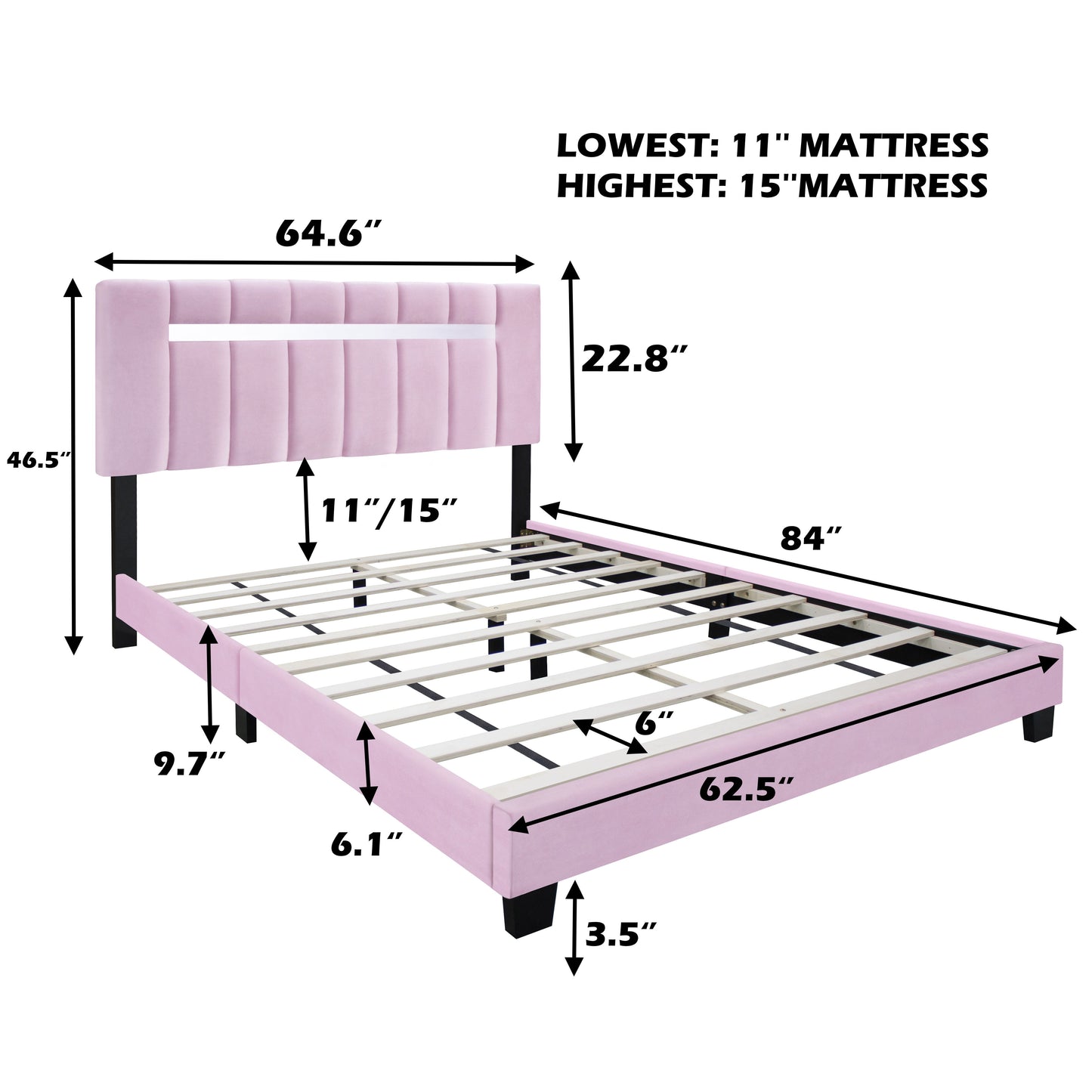 Velvet Upholstered Bed Frame With Adjustable Features, Teenage Girl's Favorite Collection - Pink
