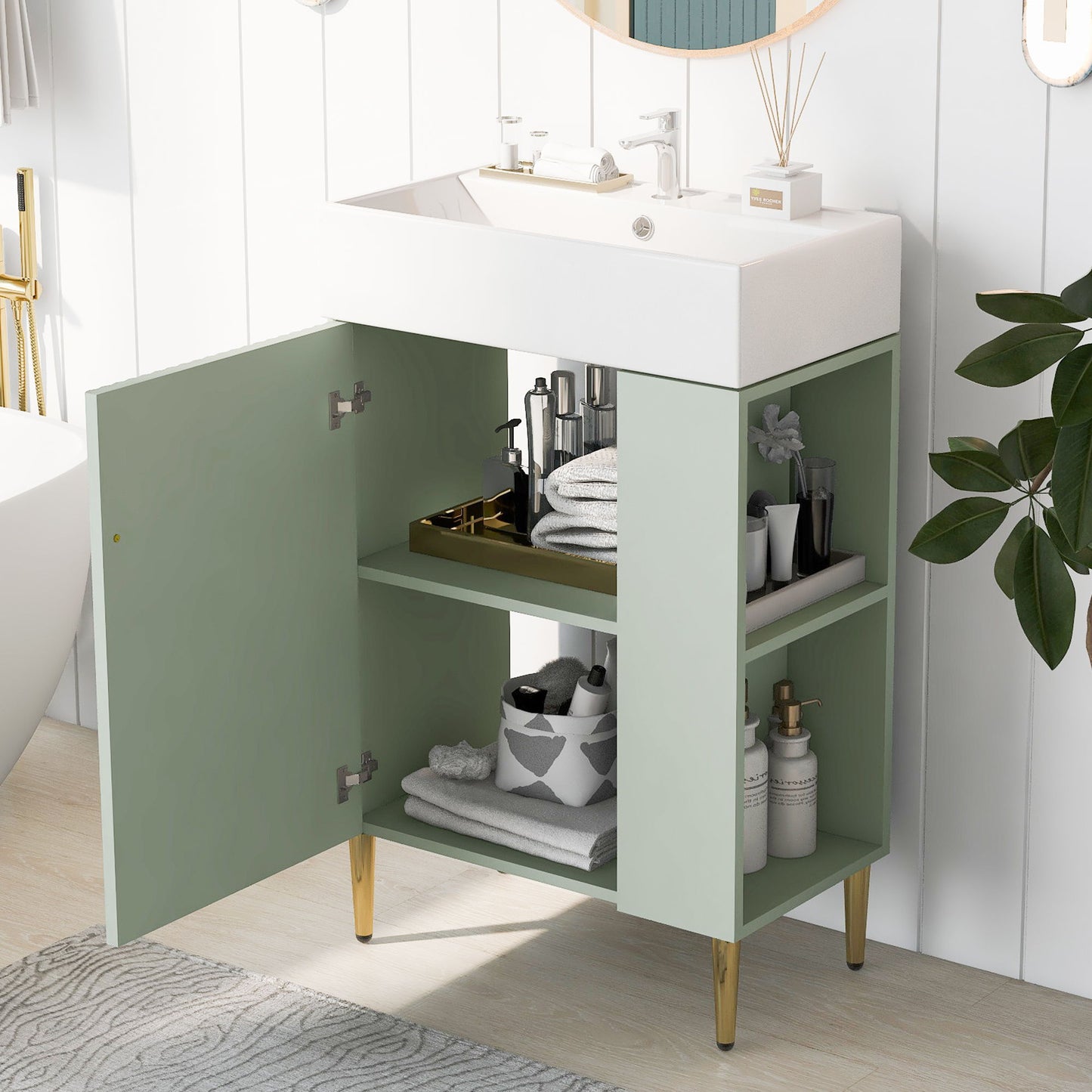 Bathroom Vanity, Combo Cabinet, Bathroom Storage Cabinet, Single Ceramic Sink, Right Side Storage - Green