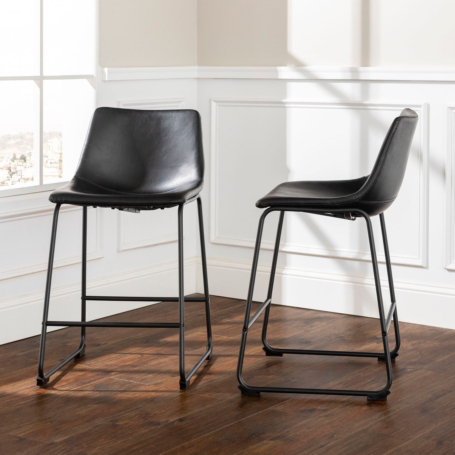 Industrial Faux Leather Counter Stools (Set of 2) - Black