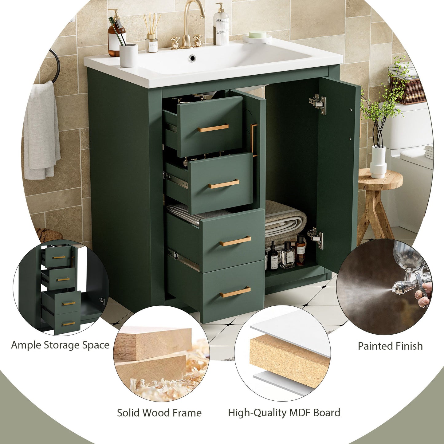 Bathroom Vanity With Ceramic Sink Combo, Frame Bathroom Storage Cabinet, Freestanding Vanity Set With 3 Drawers & Soft Closing Doors - Green