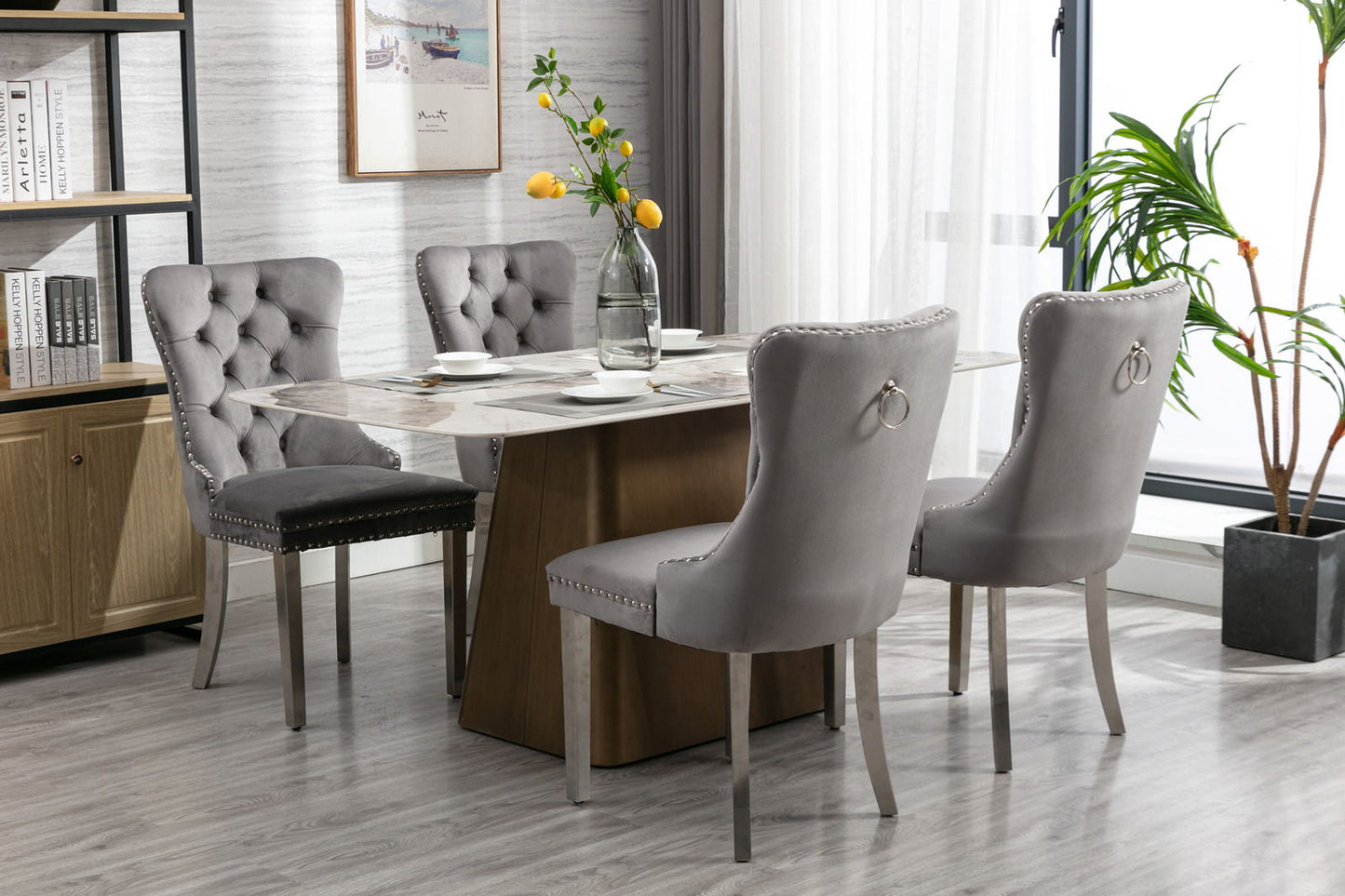 Nikki - Modern, High-End Tufted Solid Wood Contemporary Velvet Upholstered Dining Chair With Chrome Stainless Steel Plating Legs, Nailhead Trim (Set of 2) - Gray / Chrome