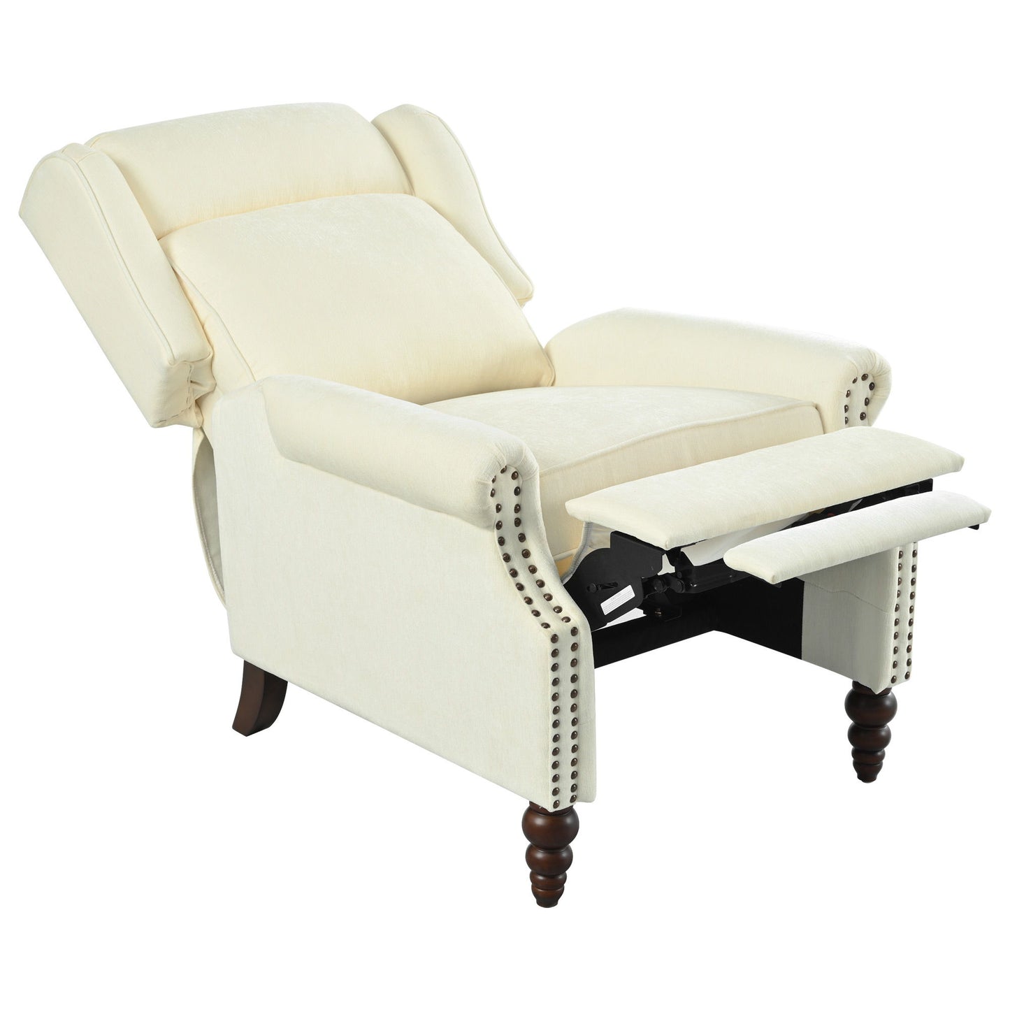 Push Back Recliner Chair Upholstered With Classic Wing Back And Solid Gourd-Shaped Legs For Living Room - Beige