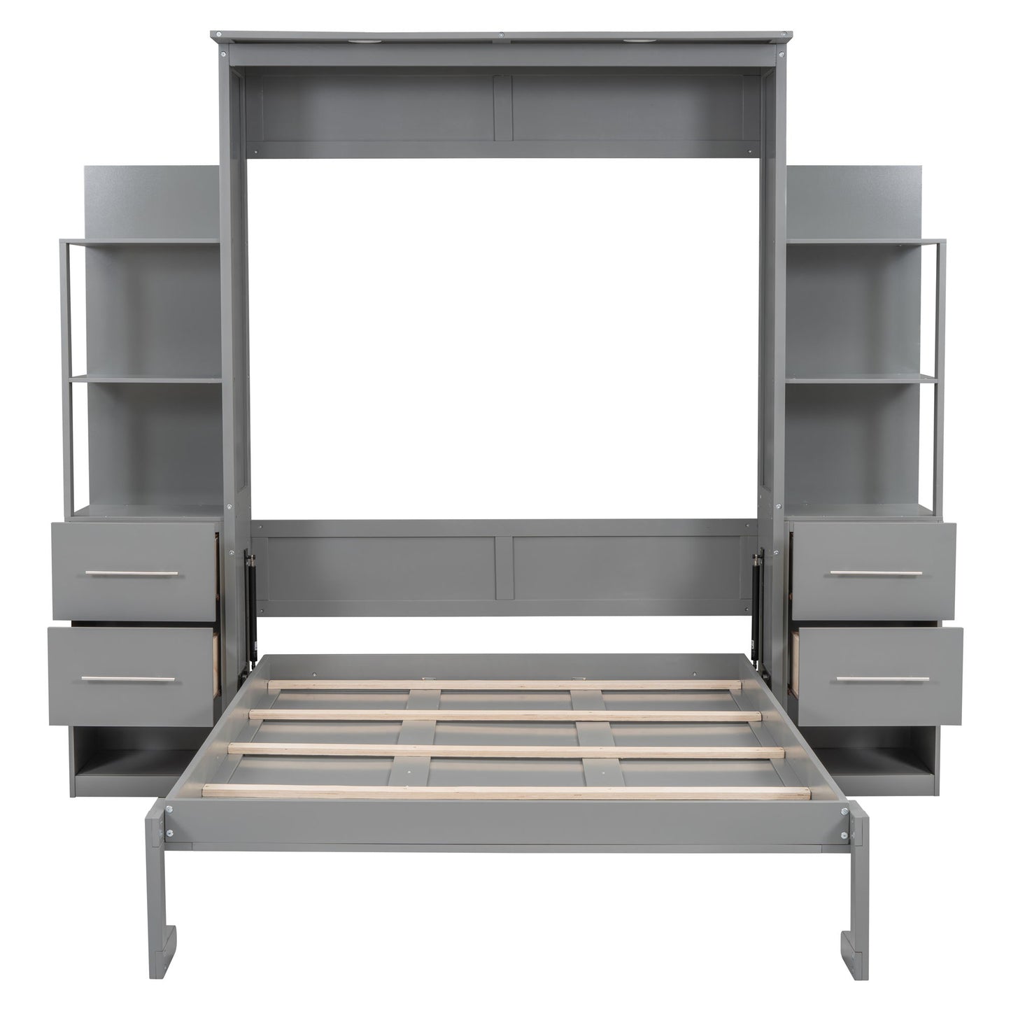 Full Size Murphy Wall Bed With Shelves, Drawers And LED Lights - Gray