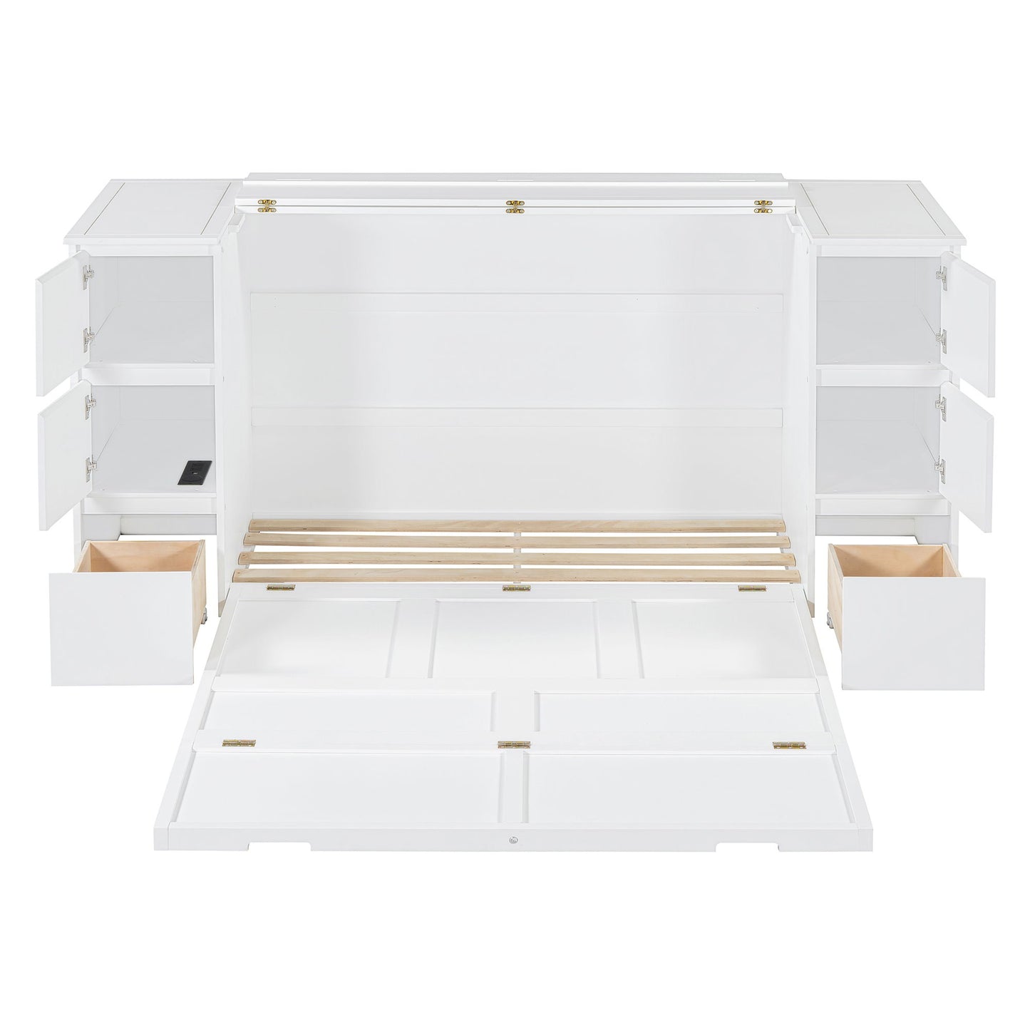 Full Size Murphy Bed With Drawers, Cabinets And USB Ports - White