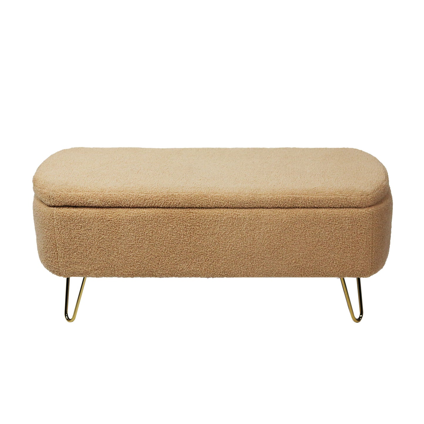 Storage Ottoman Bench For End Of Bed Gold Legs, Modern Camel Faux Fur Entryway Bench Upholstered Padded With Storage For Living Room Bedroom - Camel