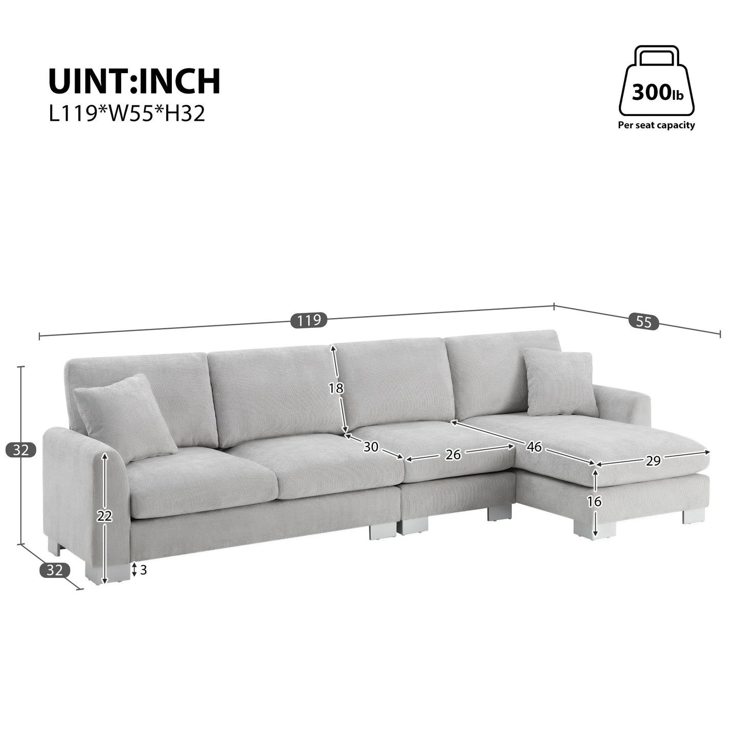 Modern Oversized Sectional Sofa, L-Shaped Luxury Couch Set With 2 Free Pillows, 5 Seat Chenille Indoor Furniture With Chaise - Light Gray