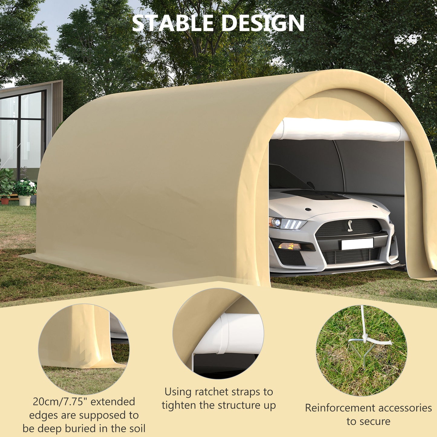 Outsunny - 10' x 16' Carport, Heavy Duty Portable Garage Storage Tent With Large Zippered Door, Anti-Uv Pe Canopy Cover For Car, Truck, Boat, Motorcycle, Bike, Garden Tools, Outdoor Work - Beige