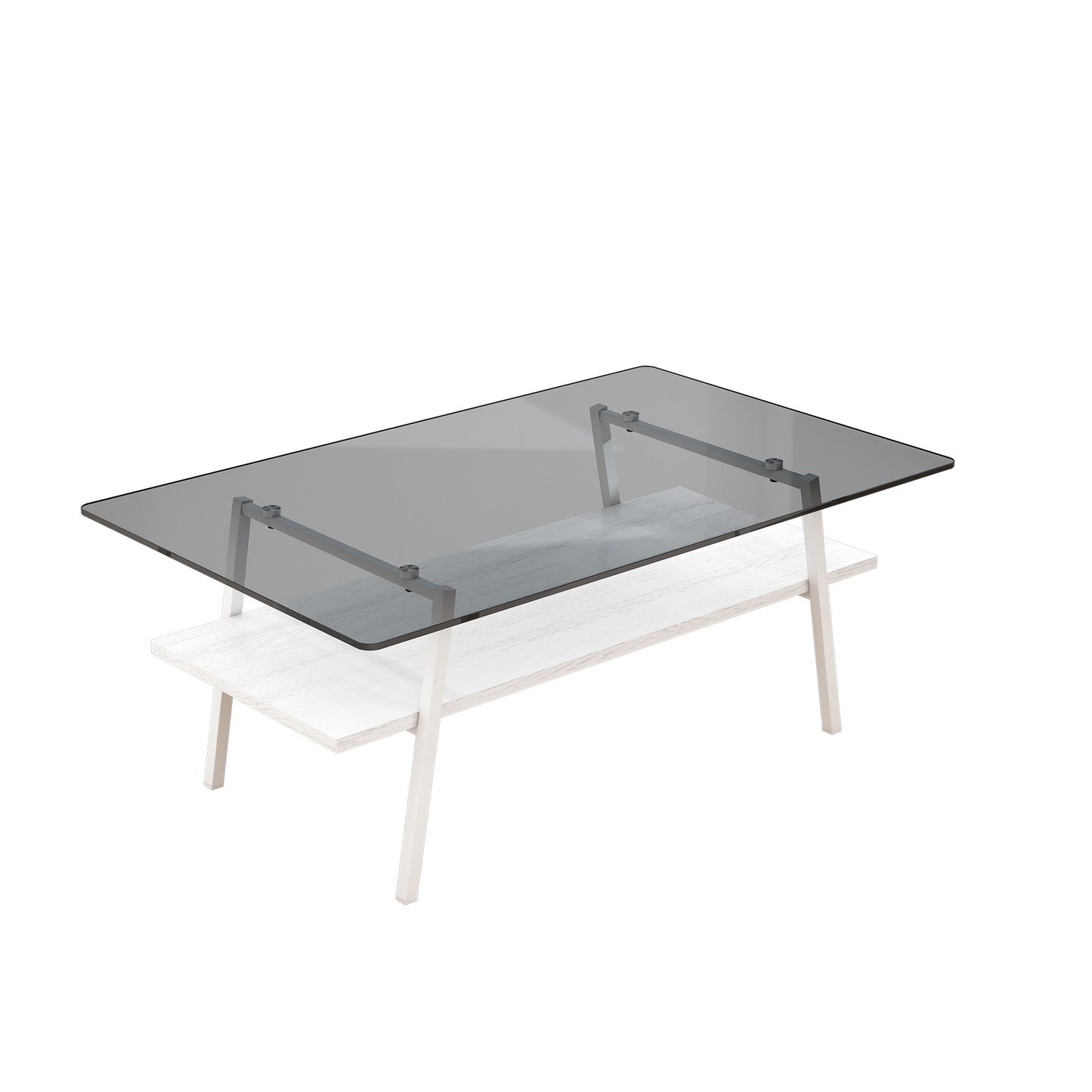 Rectangle Coffee Table, Tempered Glass Tabletop With White Metal Legs, Modern Table For Living Room - Gray