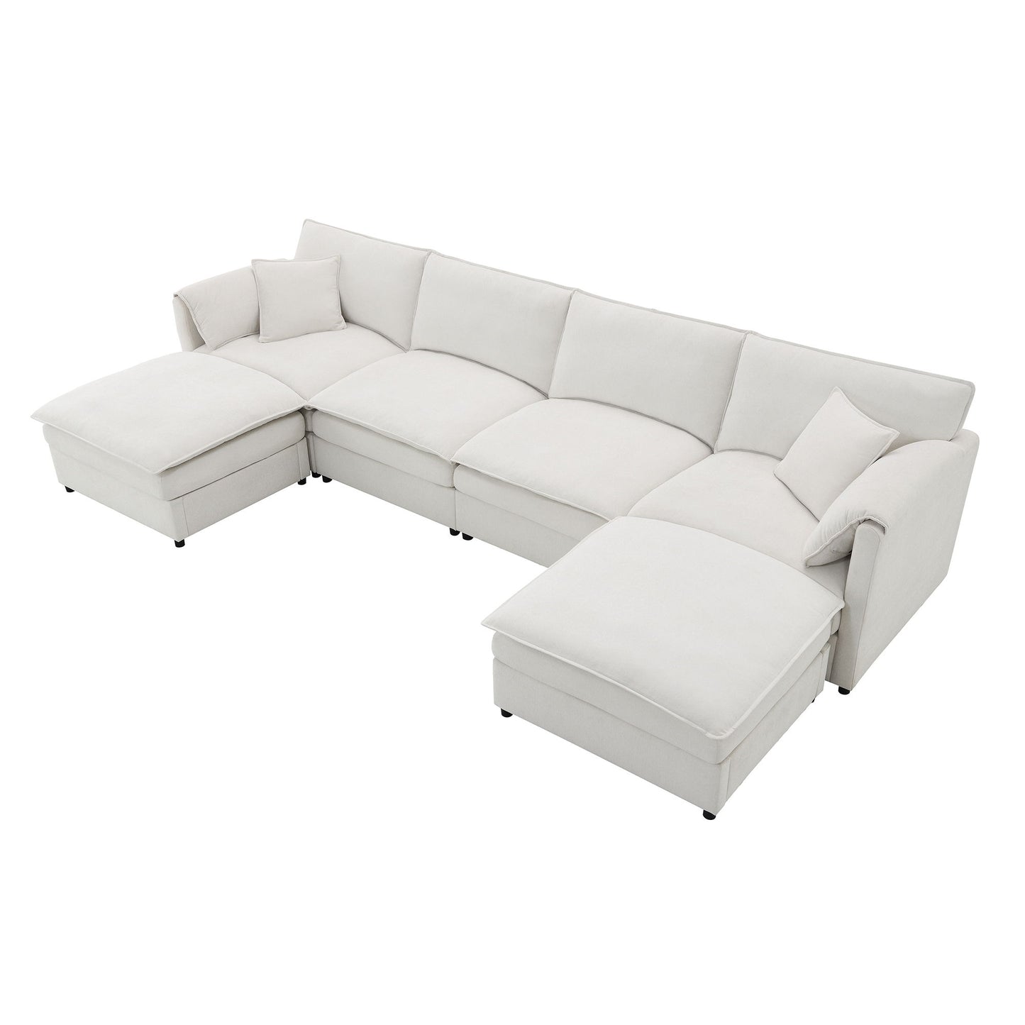 Chenille Modular Sectional Sofa, U Shaped Cloud Couch Set With Double Cushions, 6 Seat Sleeper Sofa Bed With Ottomans, Oversized Indoor Furniture - Cream