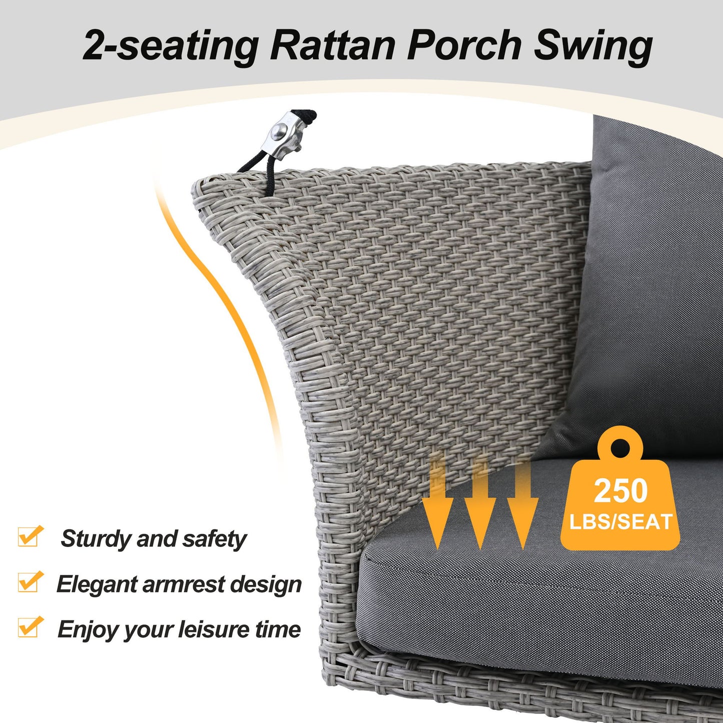 2 Person Hanging Seat, Rattan Woven Swing Chair, Porch Swing With Ropes - Gray / Cushion