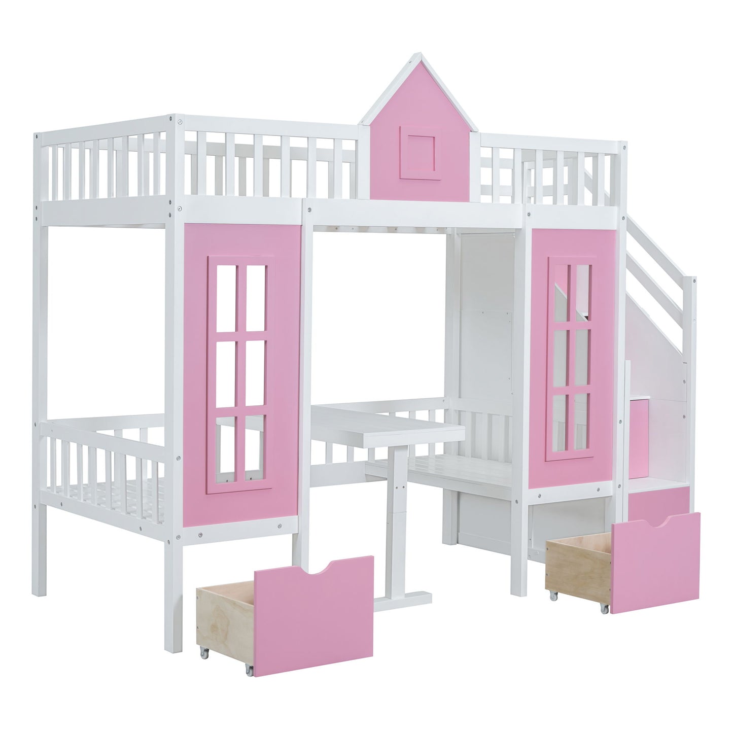 Twin Over Twin Bunk Bed With Changeable Table, Bunk Bed Turn Into Upper Bed And Down Desk - Pink