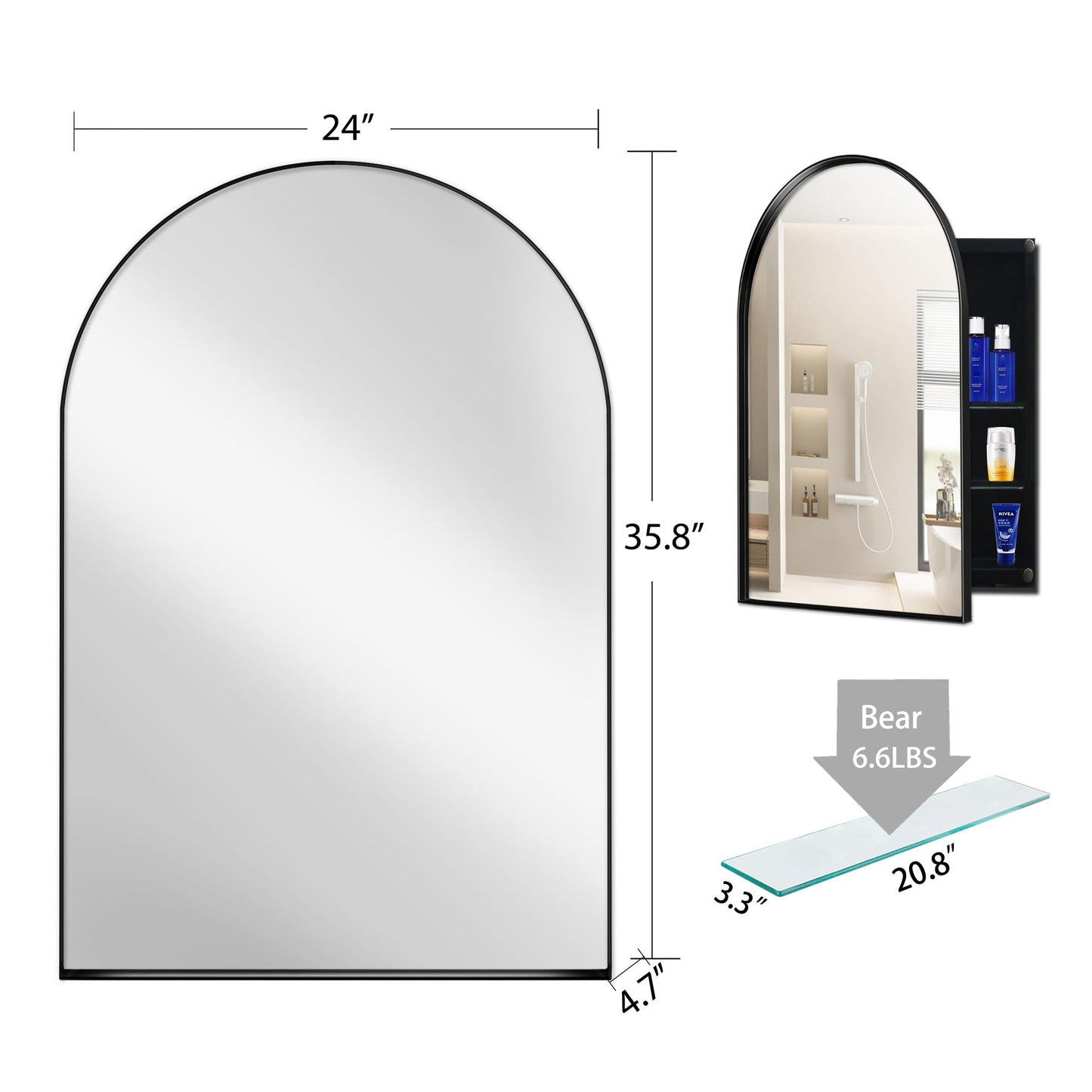 Arched Recessed Medicine Cabinet, Metal Framed Bathroom Wall Cabinet With Mirror And Adjustable Shelves, Wall Mirror With Storage For Bathroom - Matte Black