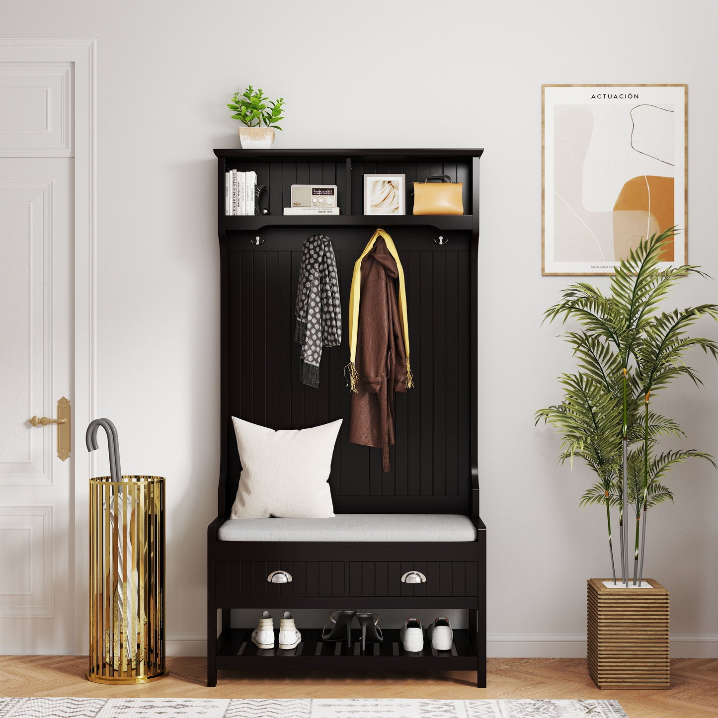 3 In 1 Wooden Hallway Hall Tree With Storage Drawers, Coat Rack, Shoe Rack Bench, And Cushion - Amber Graphite / Black