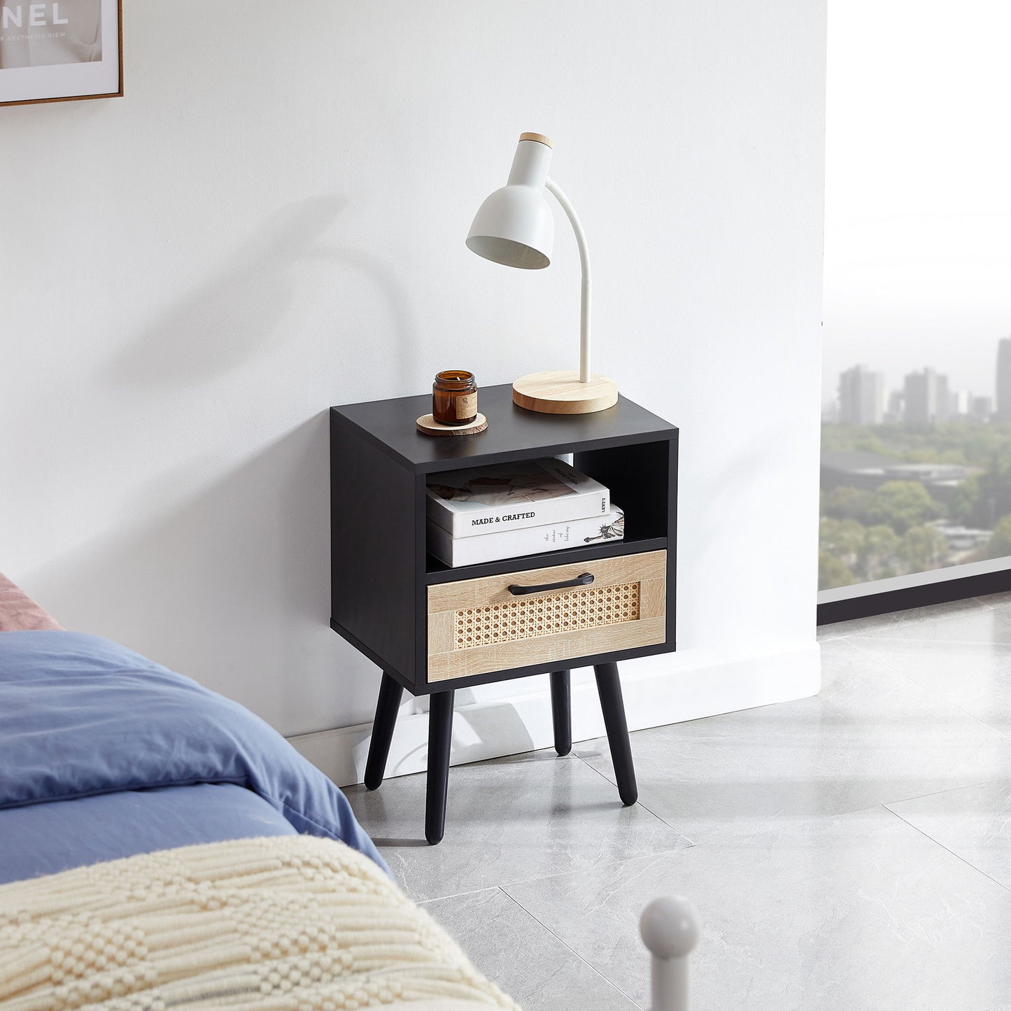 15.75" Rattan End Table With Drawer And Solid Wood Legs, Modern Nightstand, Side Table For Living Room, Bedroom - Black