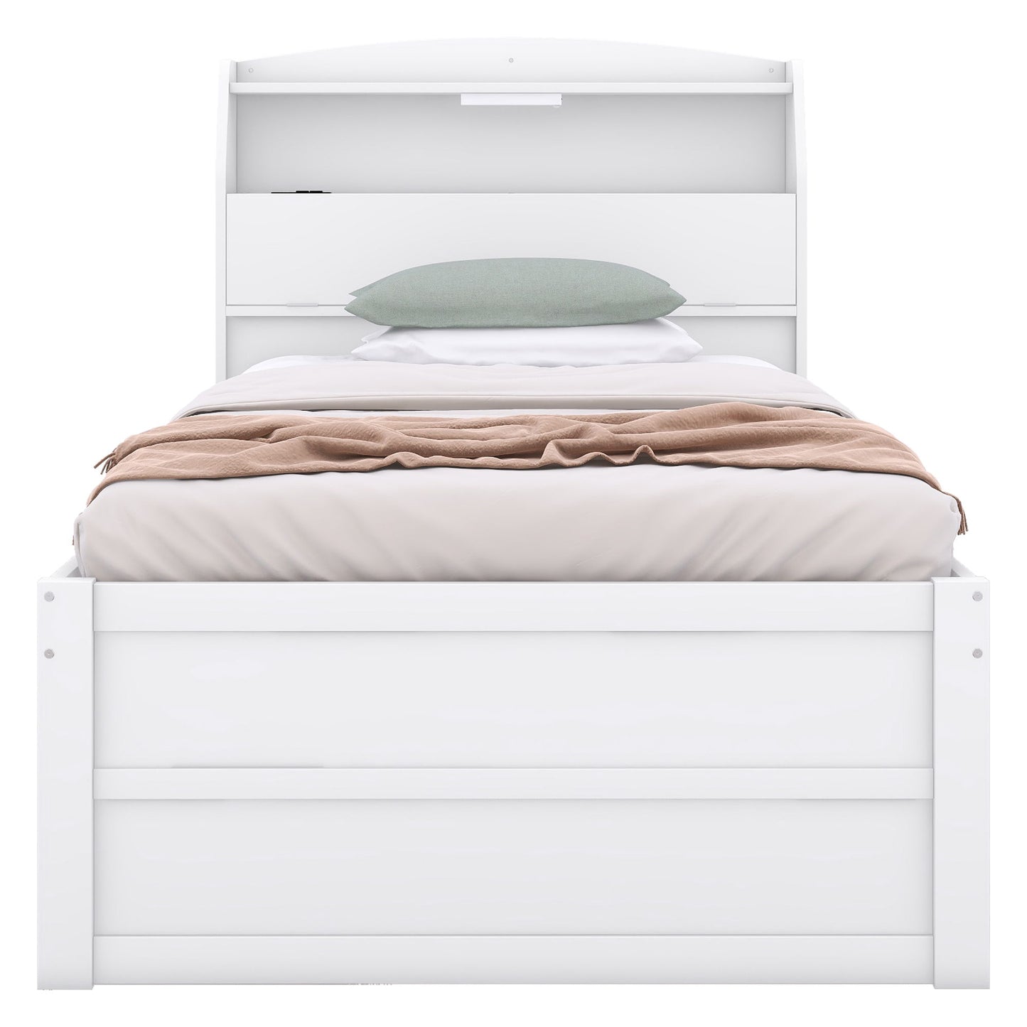 Twin Size LED Platform Bed With Trundle With Storage Headboard With Drawers - White