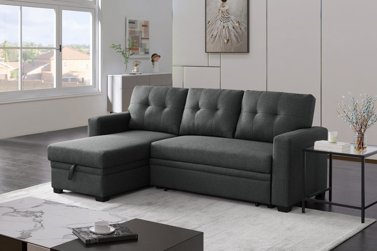 Upholstered Pull Out Sectional Sofa & Chaise - Dark Gray