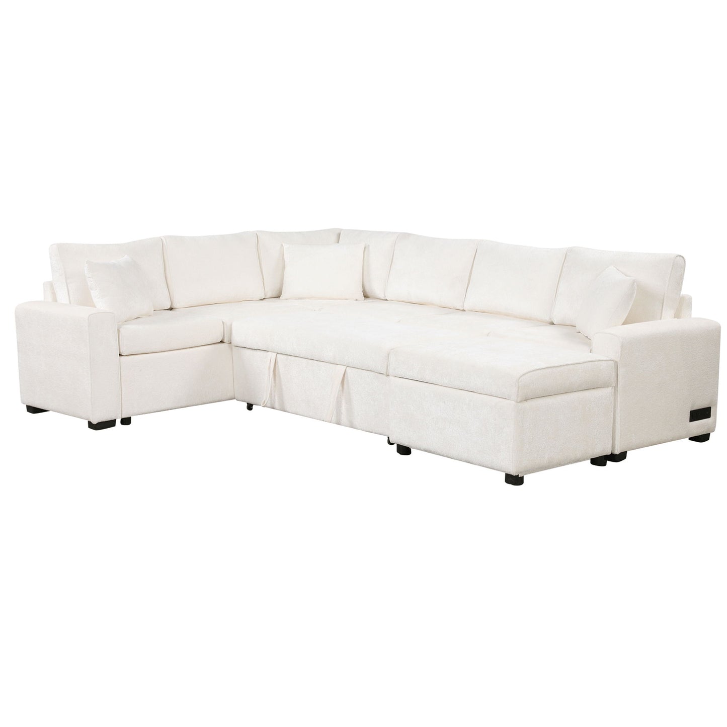 Sectional Sofa Pull-Out Sofa Bed Sleeper With A Storage Ottoman, Three Pillows And Charging Devices For Living Room - Cream