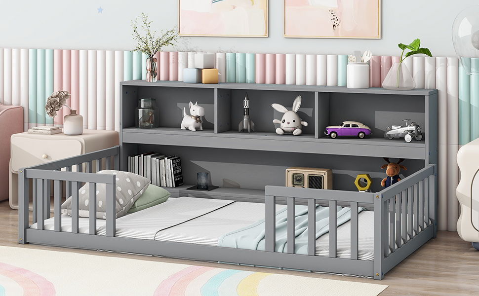 Twin Floor Bed With Bedside Bookcase, Shelves, Guardrails - Gray