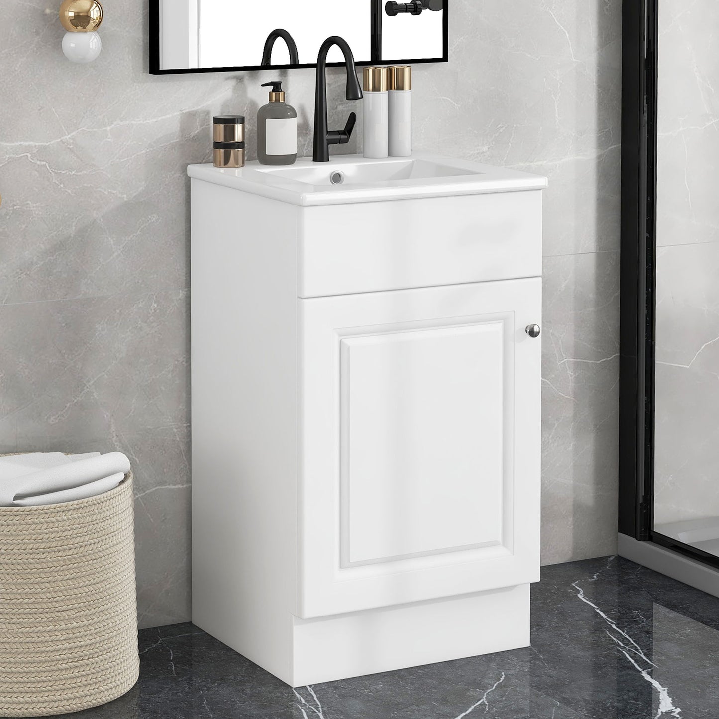 18" Bathroom Vanity With Sink, & Ceramic, Adjustable Shelf - White
