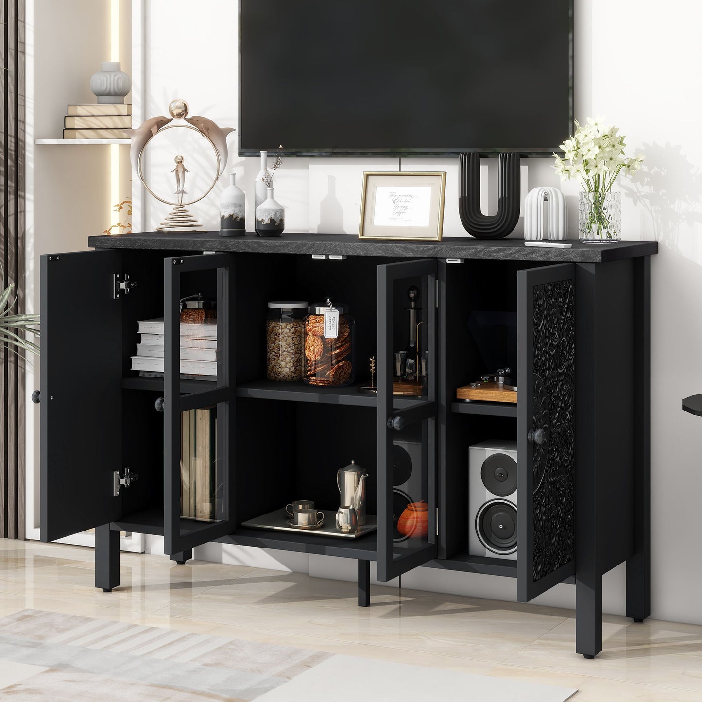 Retro TV Stand For TVs Up To 43", Entertainment Center Media Console Cabinet With 3 Spacious Cabinets, Glass Cabinet Doors And Anti-Tip Device For Living Room - Black