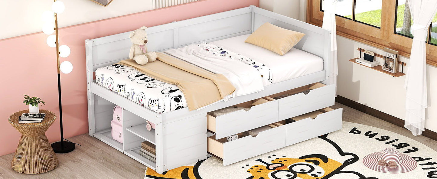Twin Size Daybed With Drawers And Shelves - White