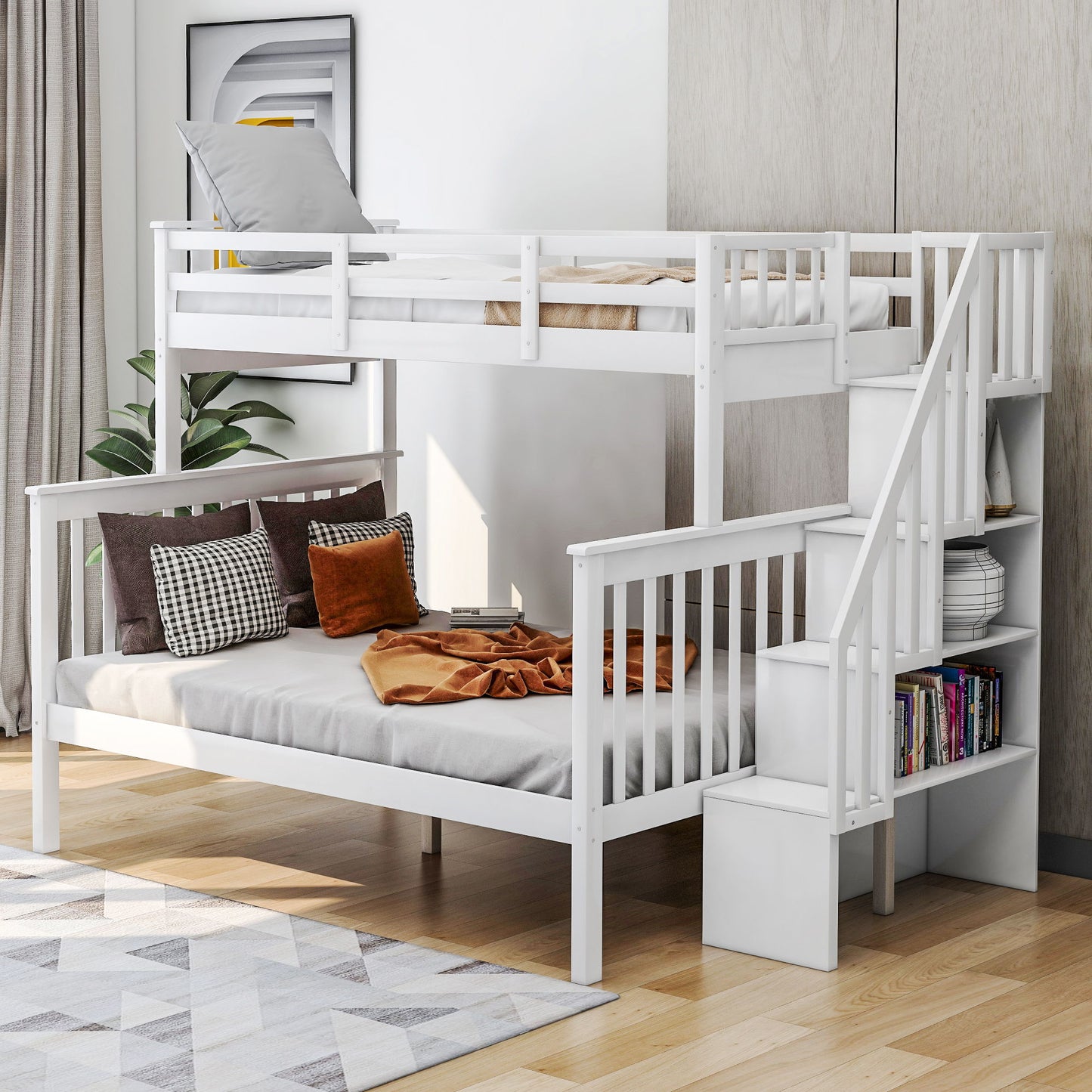 Twin Over Full Bunk Bed Stairway With Storage And Guard Rail For Bedroom - White