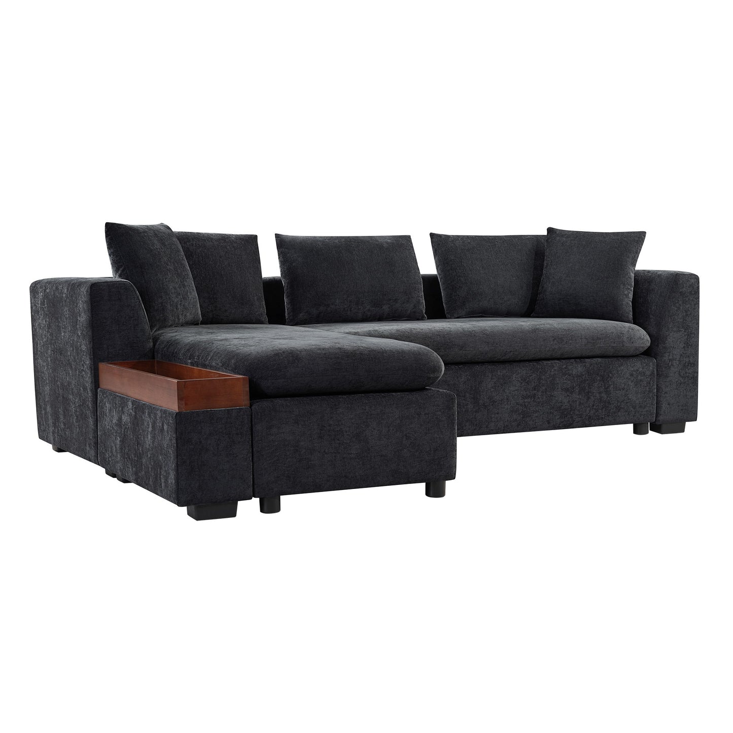 Modern L Shaped Sectional Sofa With Chenille Upholstery And Wooden Storage - Black