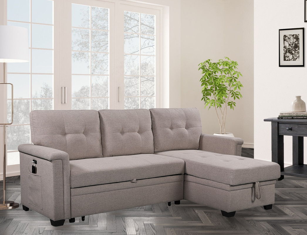 Nathan - Reversible Sleeper Sectional Sofa With Storage Chaise, USB Charging Ports And Pocket - Light Gray