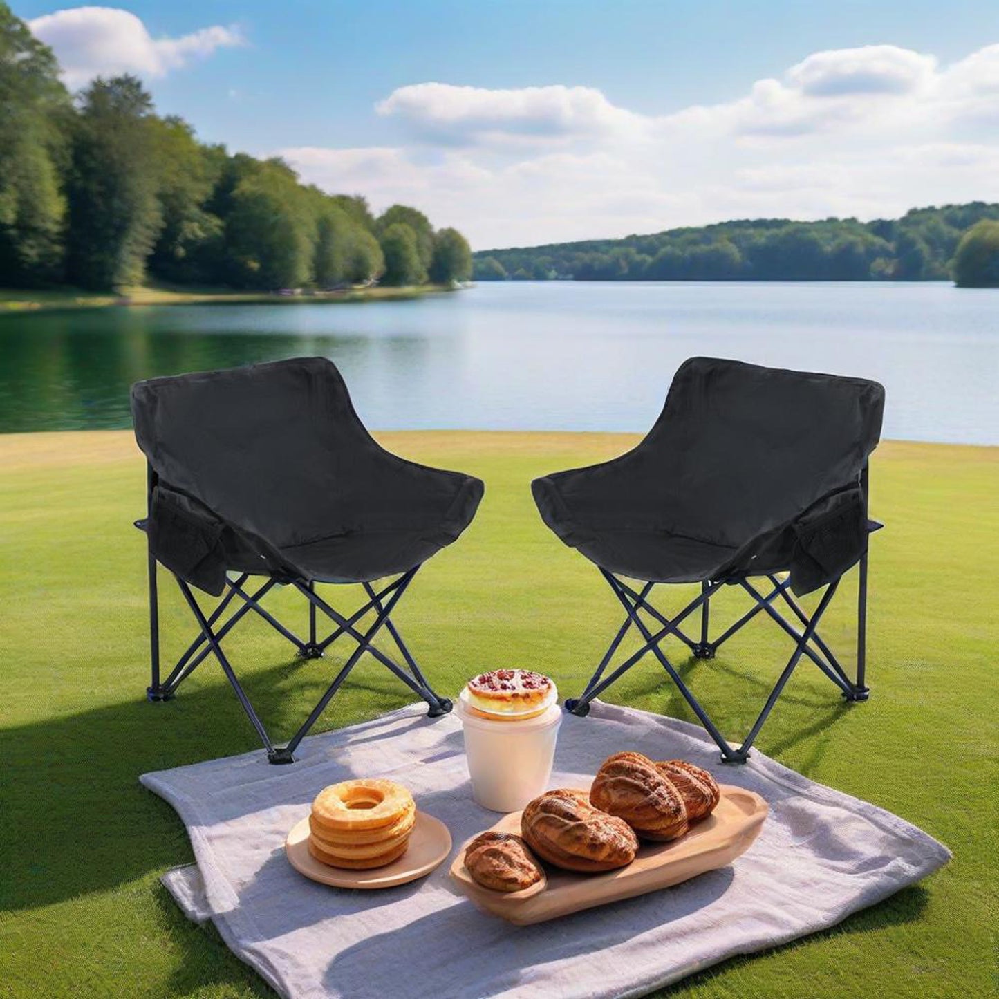 2 Pieces Outdoor Portable Folding Camping Chairs With Carry Bag - Black