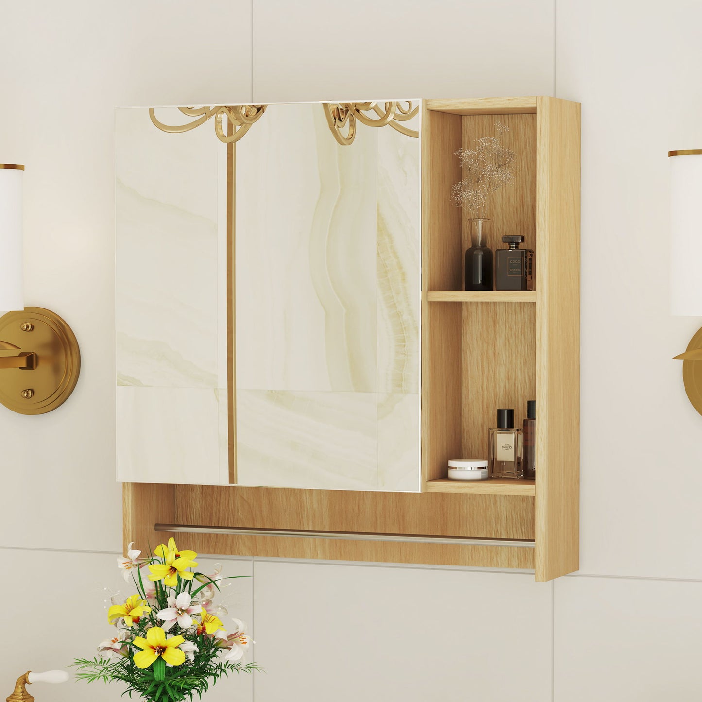 Wall Mounted Bathroom Storage Cabinet With Mirror Door, Medicine Cabinet, Over The Toilet Storage Cabinet With Shelves And Towel Rack - Burly Wood