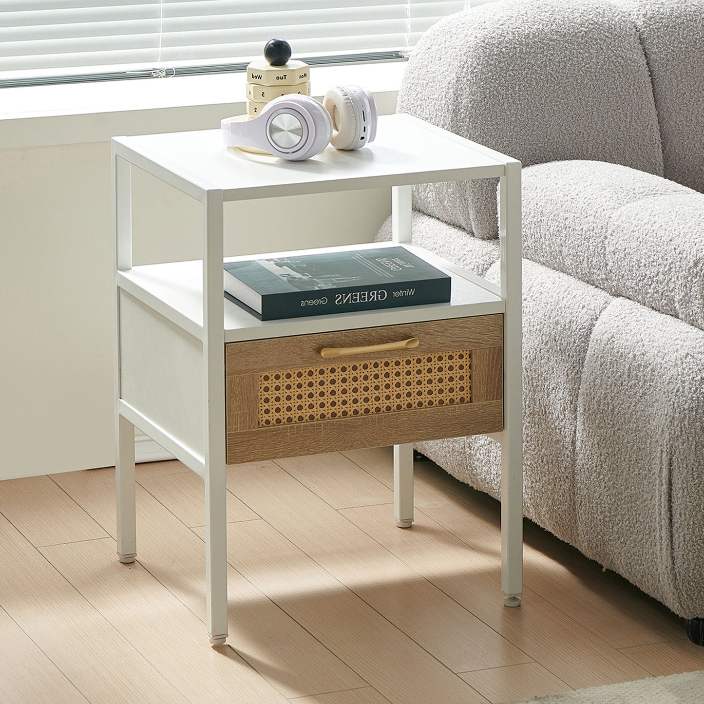 Rattan End Table With Drawer, Modern Nightstand, Metal Legs, Side Table For Living Room, Bedroom - White