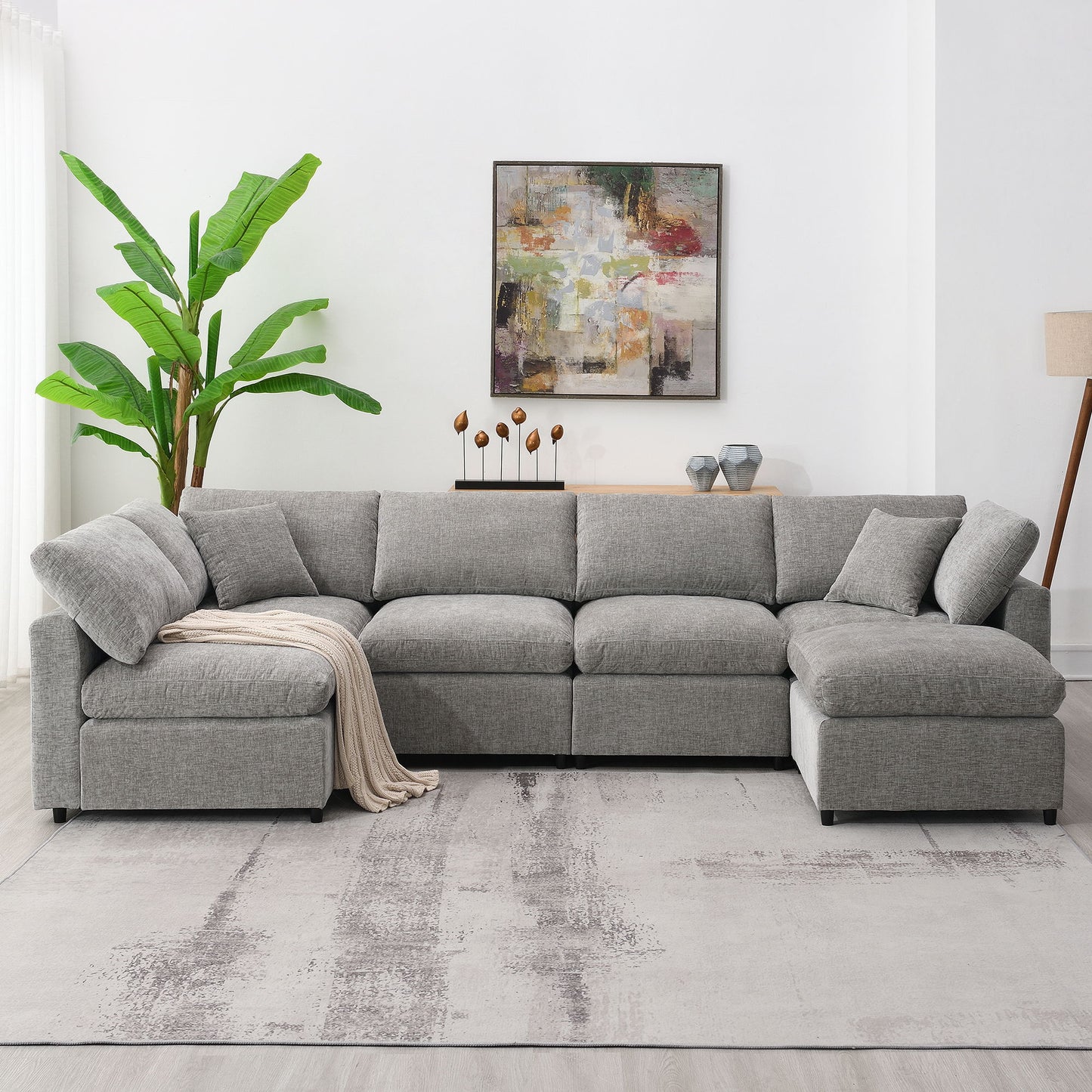 Modern Modular Cloud Sofa Bed, 6 Seat Chenille Sectional Couch Set With Ottoman, Free Combination, Convertible U Shaped Sleeper Sofa - Gray