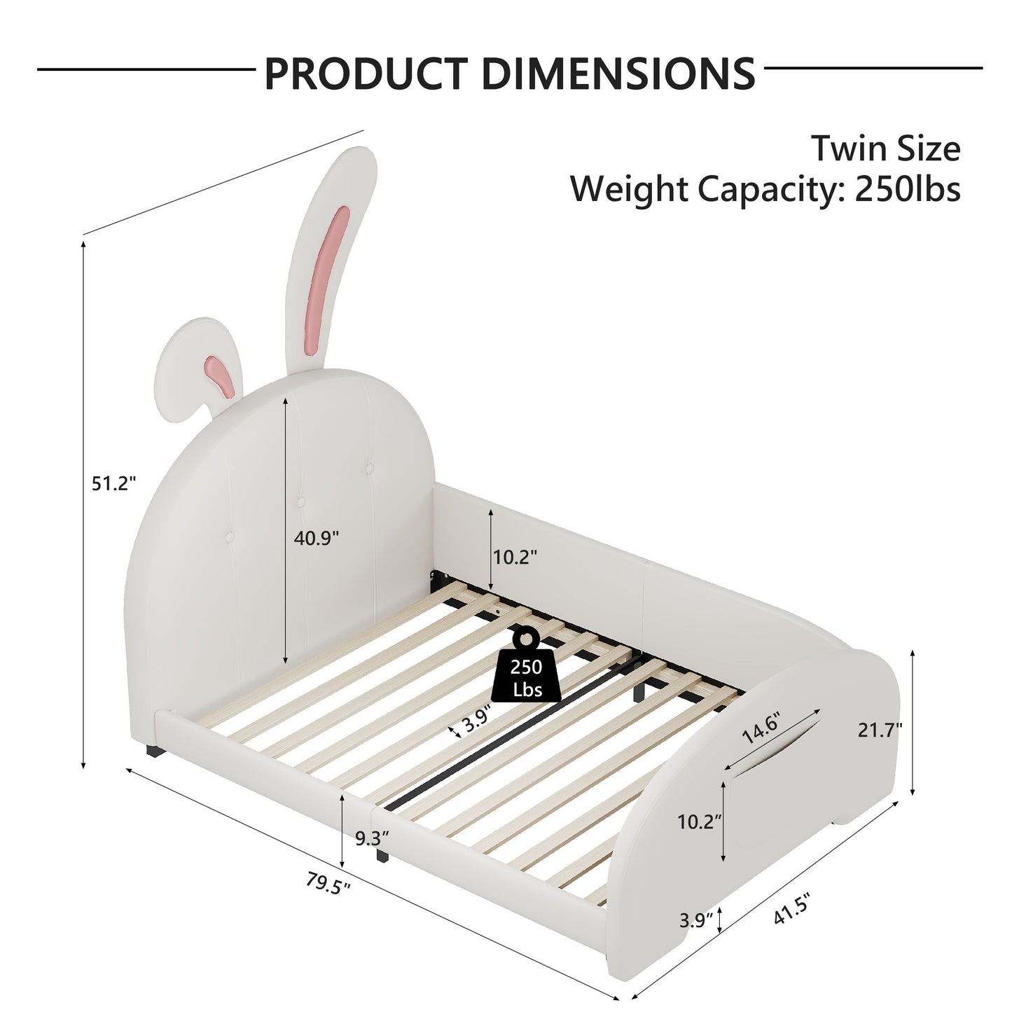 Twin Size Upholstered Rabbit-Shape Princess Bed, Twin Size Platform Bed With Headboard And Footboard - White